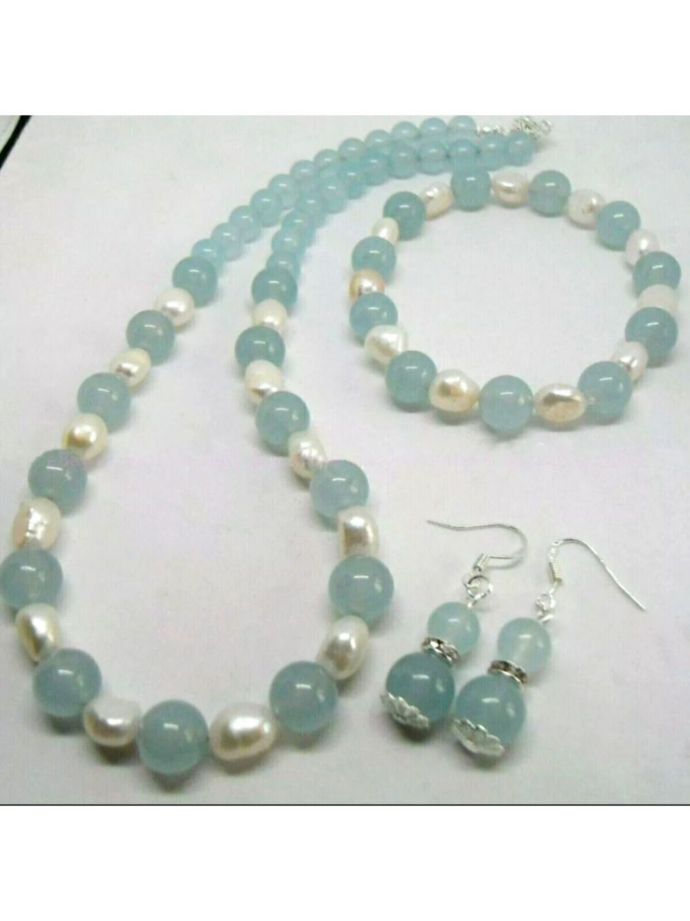 Natural White Freshwater Baroque Pearl Aquamarine Necklace Bracelet Earring Set